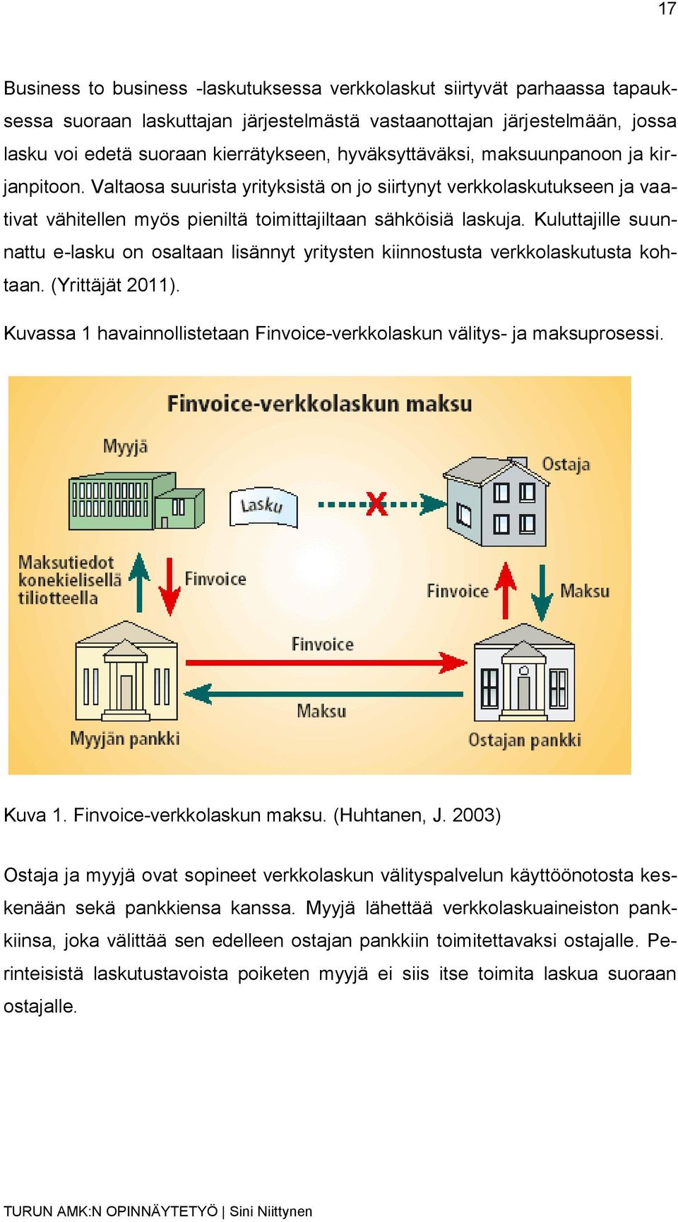 Kuluttajille suunnattu e-lasku on osaltaan lisännyt yritysten kiinnostusta verkkolaskutusta kohtaan. (Yrittäjät 2011). Kuvassa 1 havainnollistetaan Finvoice-verkkolaskun välitys- ja maksuprosessi.