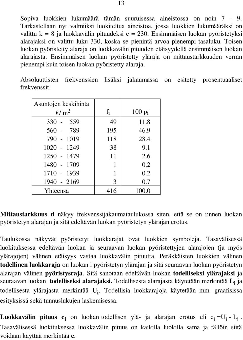 Esimmäise luoka pyöristetty yläraja o mittaustarkkuude verra pieempi kui toise luoka pyöristetty alaraja. Absoluuttiste frekvessie lisäksi jakaumassa o esitetty prosetuaaliset frekvessit.