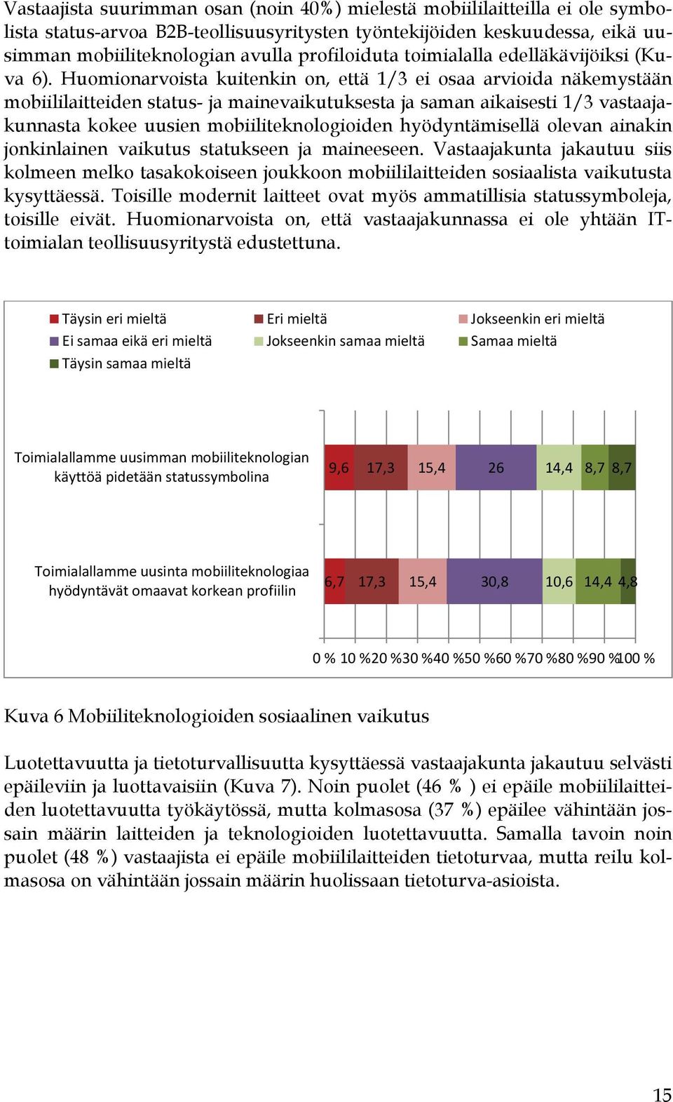 Huomionarvoista kuitenkin on, että 1/3 ei osaa arvioida näkemystään mobiililaitteiden status- ja mainevaikutuksesta ja saman aikaisesti 1/3 vastaajakunnasta kokee uusien mobiiliteknologioiden