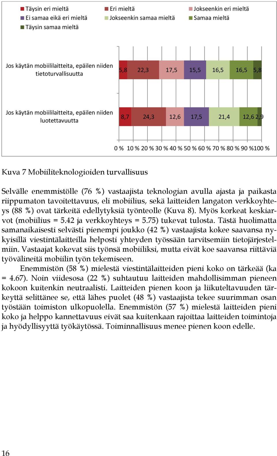 Mobiiliteknologioiden turvallisuus Selvälle enemmistölle (76 %) vastaajista teknologian avulla ajasta ja paikasta riippumaton tavoitettavuus, eli mobiilius, sekä laitteiden langaton verkkoyhteys (88