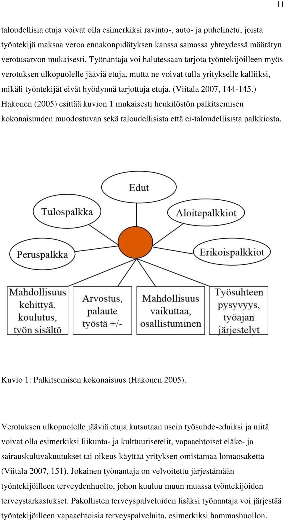 (Viitala 2007, 144-145.) Hakonen (2005) esittää kuvion 1 mukaisesti henkilöstön palkitsemisen kokonaisuuden muodostuvan sekä taloudellisista että ei-taloudellisista palkkiosta.