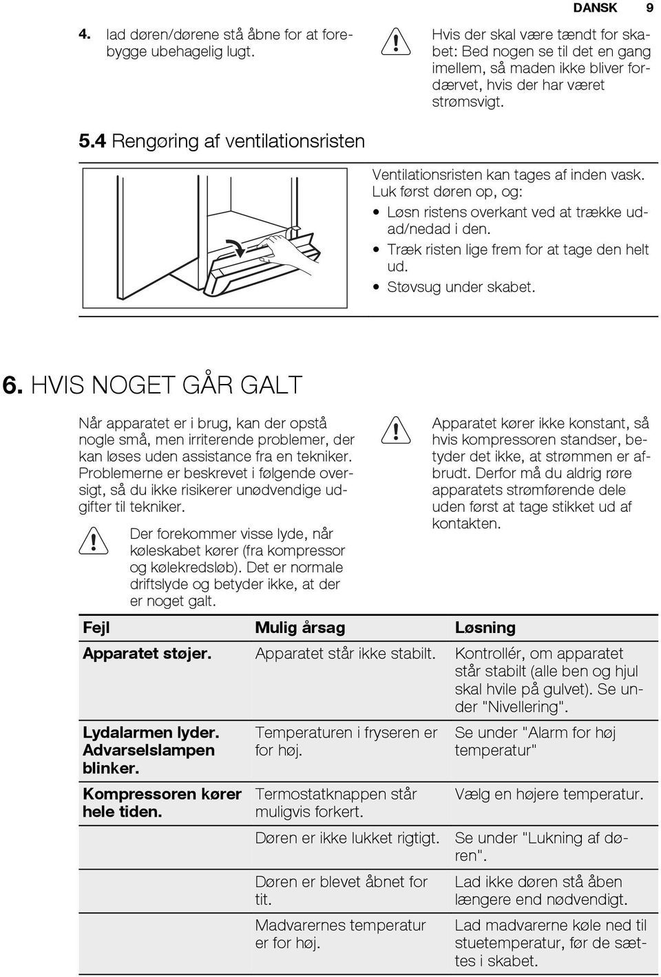 4 Rengøring af ventilationsristen Ventilationsristen kan tages af inden vask. Luk først døren op, og: Løsn ristens overkant ved at trække udad/nedad i den.