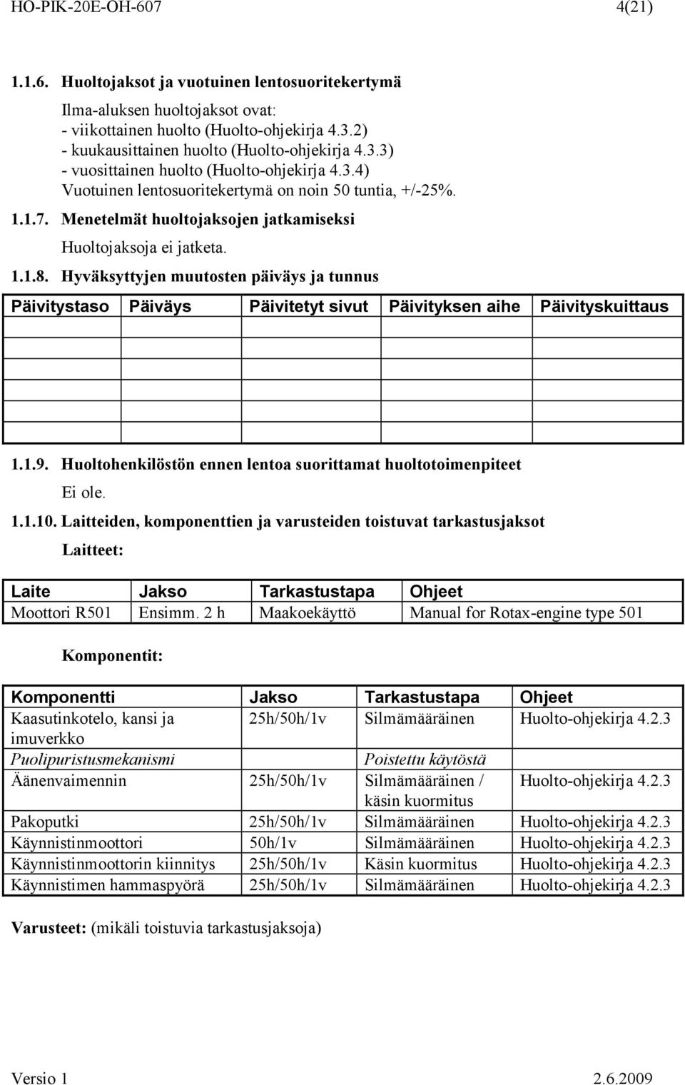 Menetelmät huoltojaksojen jatkamiseksi Huoltojaksoja ei jatketa. 1.1.8. Hyväksyttyjen muutosten päiväys ja tunnus Päivitystaso Päiväys Päivitetyt sivut Päivityksen aihe Päivityskuittaus 1.1.9.