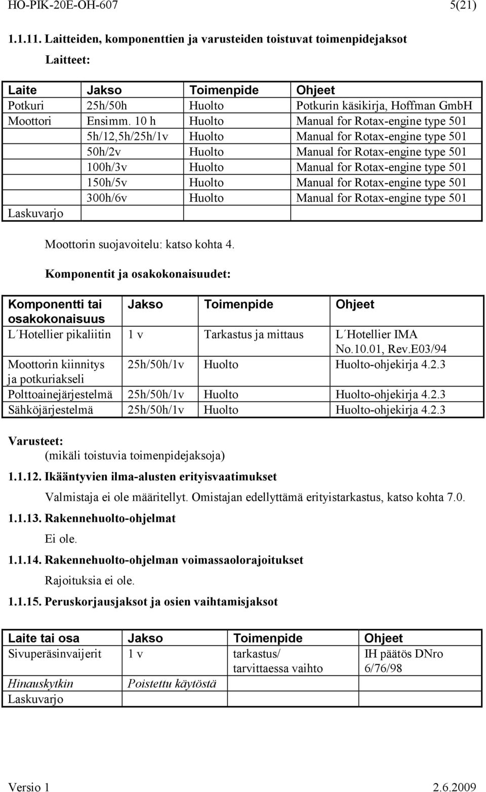 10 h Huolto Manual for Rotax-engine type 501 5h/12,5h/25h/1v Huolto Manual for Rotax-engine type 501 50h/2v Huolto Manual for Rotax-engine type 501 100h/3v Huolto Manual for Rotax-engine type 501