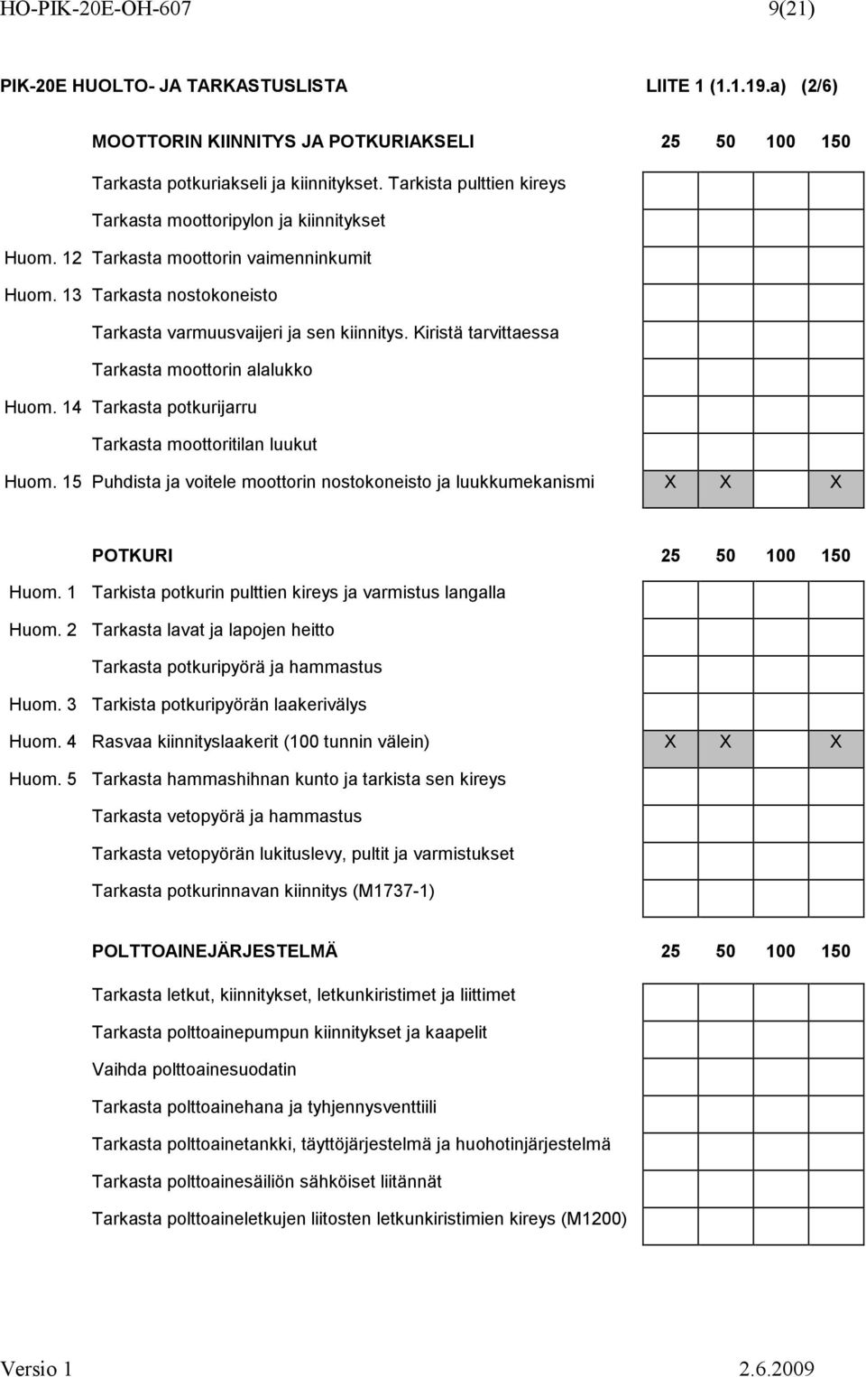 Kiristä tarvittaessa Tarkasta moottorin alalukko Huom. 14 Tarkasta potkurijarru Tarkasta moottoritilan luukut Huom.