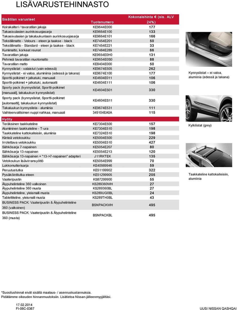 - Velours - eteen ja taakse - black KE7454E201 50 Tekstiilimatto - Standard - eteen ja taakse - black KE7454E221 33 Kumimatto, korkeat reunat KE7484E289 66 Tavaratilan jakaja KE9654E0H0 131 Pehmeä