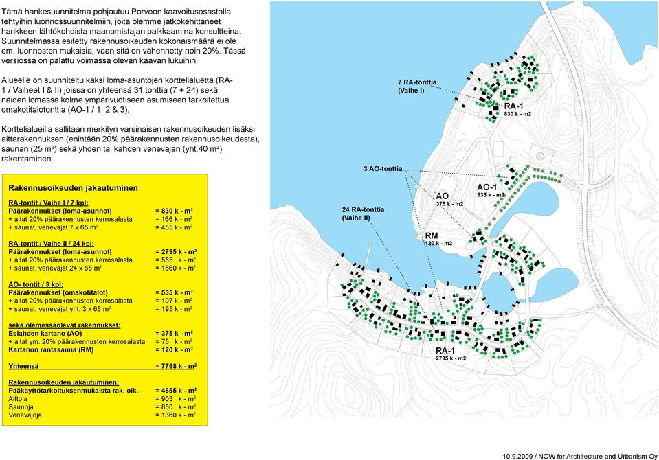 Alueelle on suunniteltu kaksi loma-asuntojen korttelialuetta (- 1 / Vaiheet I & II) joissa on yhteensä 31 tonttia (7 + 24) sekä näiden lomassa kolme ympärivuotiseen asumiseen tarkoitettua