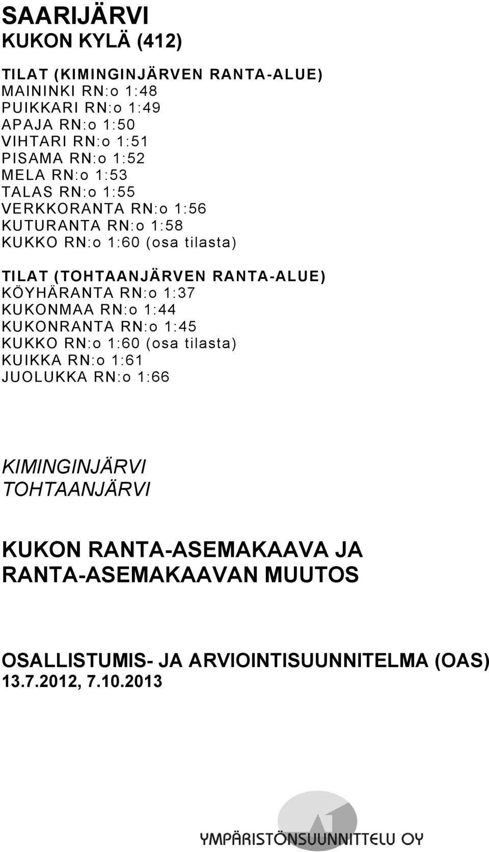 RANTA-ALUE KÖYHÄRANTA RN:o 1:37 KUKONAA RN:o 1:44 KUKONRANTA RN:o 1:45 KUKKO RN:o (osa tilasta KUIKKA RN:o 1:61 JUOLUKKA RN:o 1:66