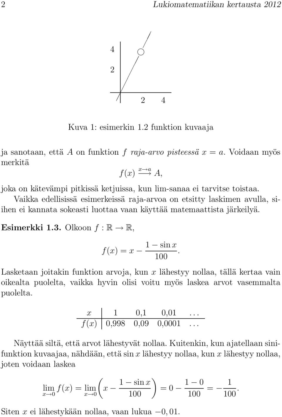 Vaikka edellisissä esimerkeissä raja-arvoa on etsitt laskimen avulla, siihen ei kannata sokeasti luottaa vaan kättää matemaattista järkeilä. Esimerkki.3. Olkoon f : R R, f() sin.