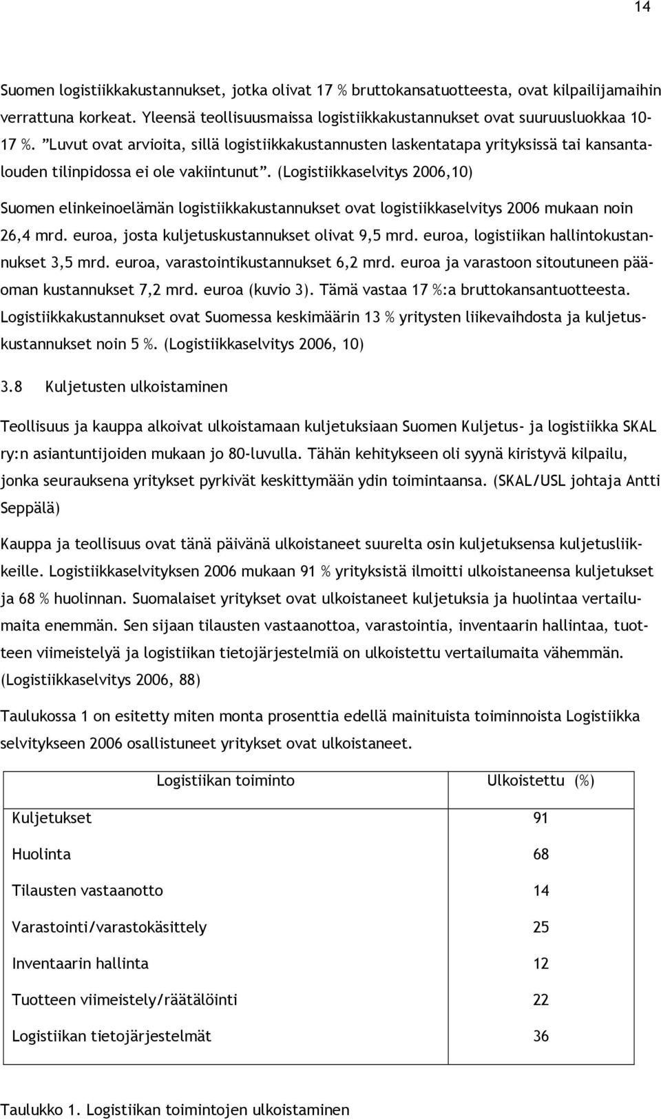 (Logistiikkaselvitys 2006,10) Suomen elinkeinoelämän logistiikkakustannukset ovat logistiikkaselvitys 2006 mukaan noin 26,4 mrd. euroa, josta kuljetuskustannukset olivat 9,5 mrd.