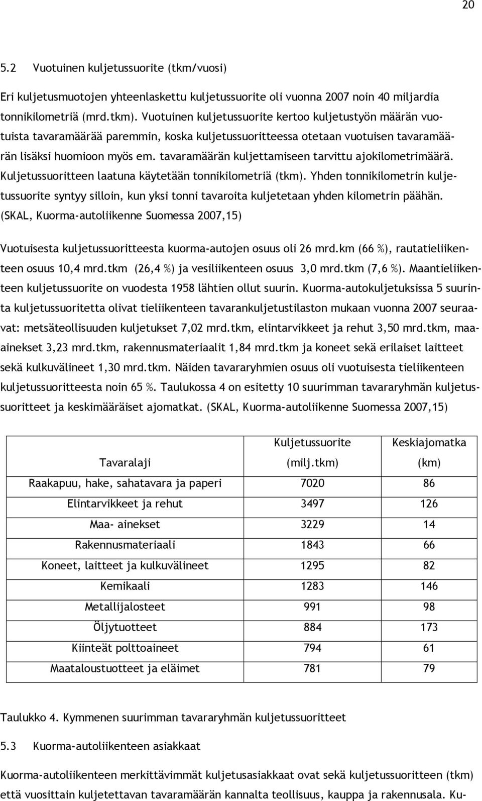 tavaramäärän kuljettamiseen tarvittu ajokilometrimäärä. Kuljetussuoritteen laatuna käytetään tonnikilometriä (tkm).