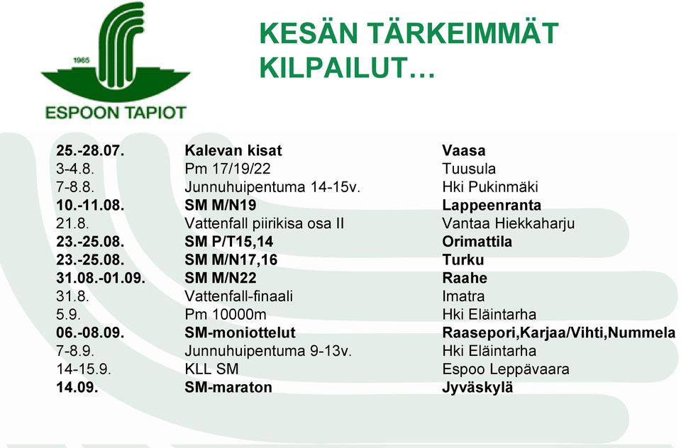 08.-01.09. SM M/N22 Raahe 31.8. Vattenfall-finaali Imatra 5.9. Pm 10000m Hki Eläintarha 06.-08.09. SM-moniottelut Raasepori,Karjaa/Vihti,Nummela 7-8.