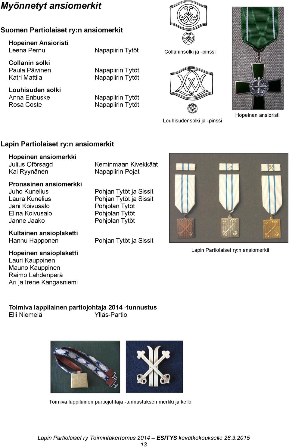 Julius Oförsagd Kai Ryynänen Pronssinen ansiomerkki Juho Kunelius Laura Kunelius Jani Koivusalo Elina Koivusalo Janne Jaako Kultainen ansioplaketti Hannu Happonen Hopeinen ansioplaketti Lauri
