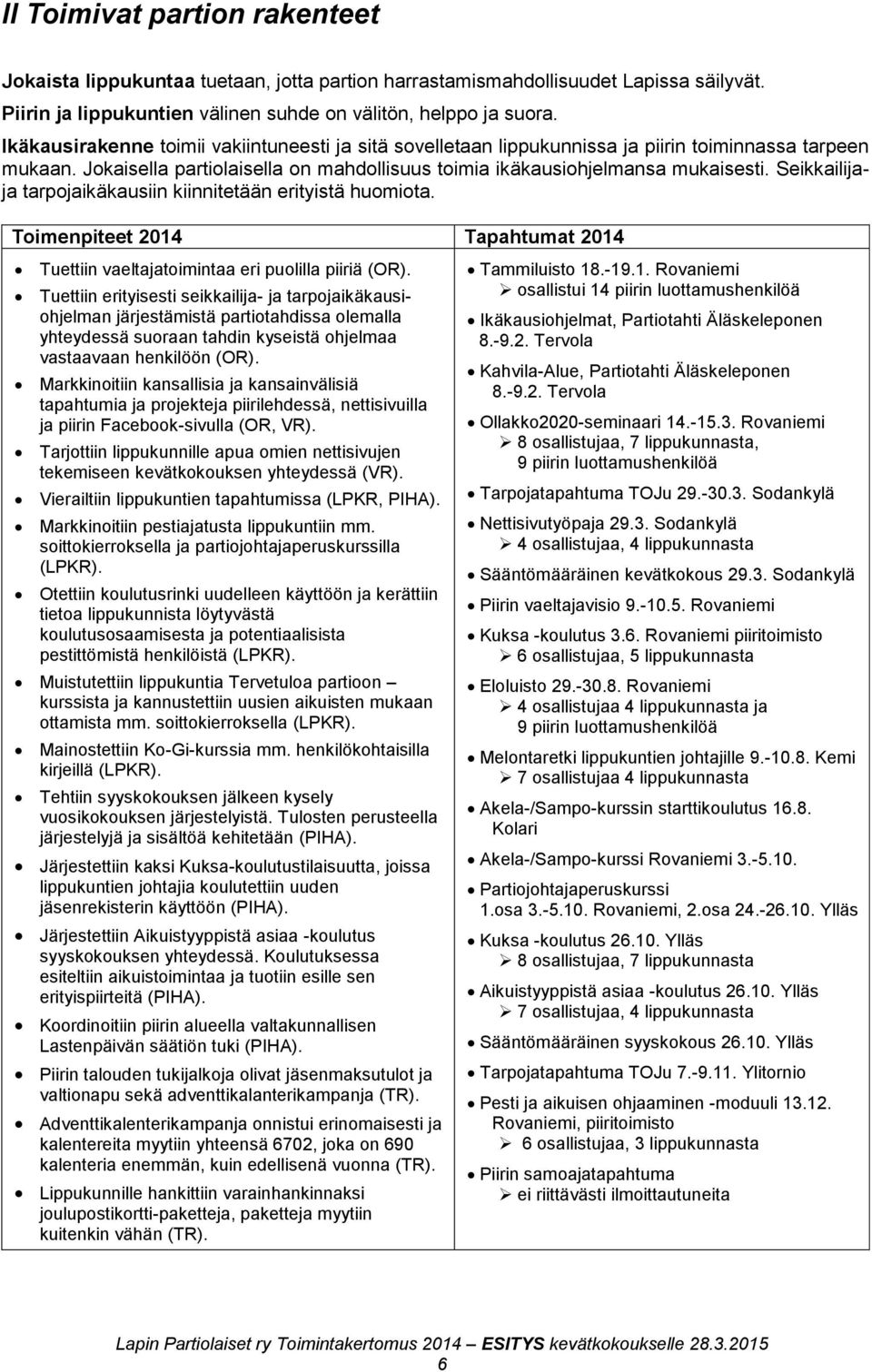 Seikkailijaja tarpojaikäkausiin kiinnitetään erityistä huomiota. Toimenpiteet 2014 Tapahtumat 2014 Tuettiin vaeltajatoimintaa eri puolilla piiriä (OR).