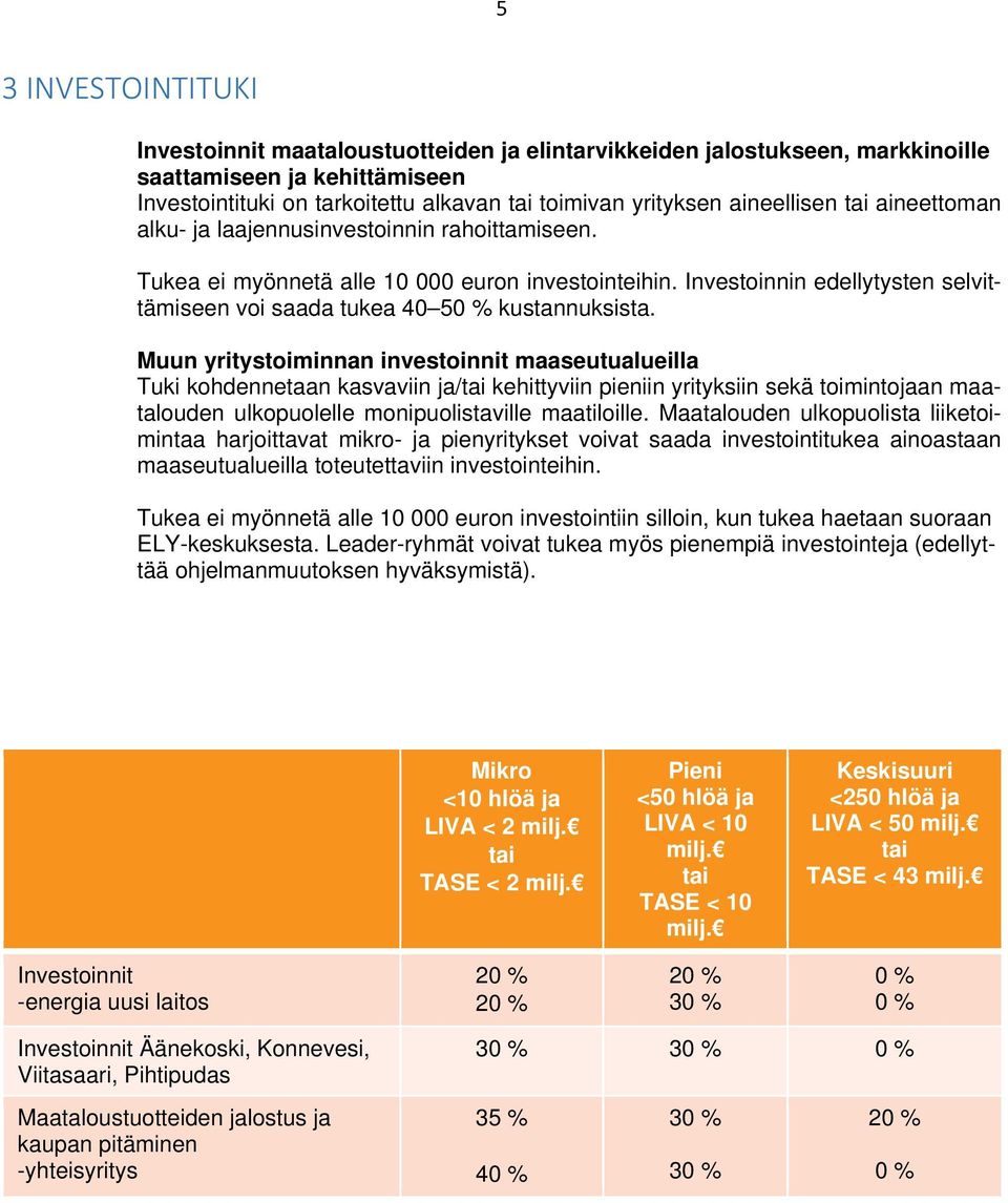 Investoinnin edellytysten selvittämiseen voi saada tukea 40 50 % kustannuksista.