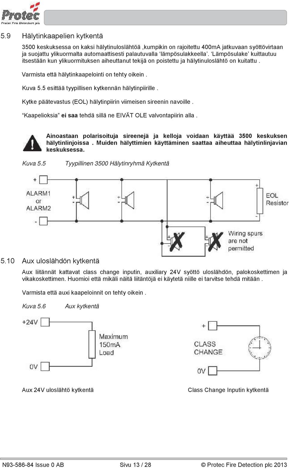 5 esittää tyypillisen kytkennän hälytinpiirille. Kytke päätevastus (EOL) hälytinpiirin viimeisen sireenin navoille. Kaapelioksia ei saa tehdä sillä ne EIVÄT OLE valvontapiirin alla.