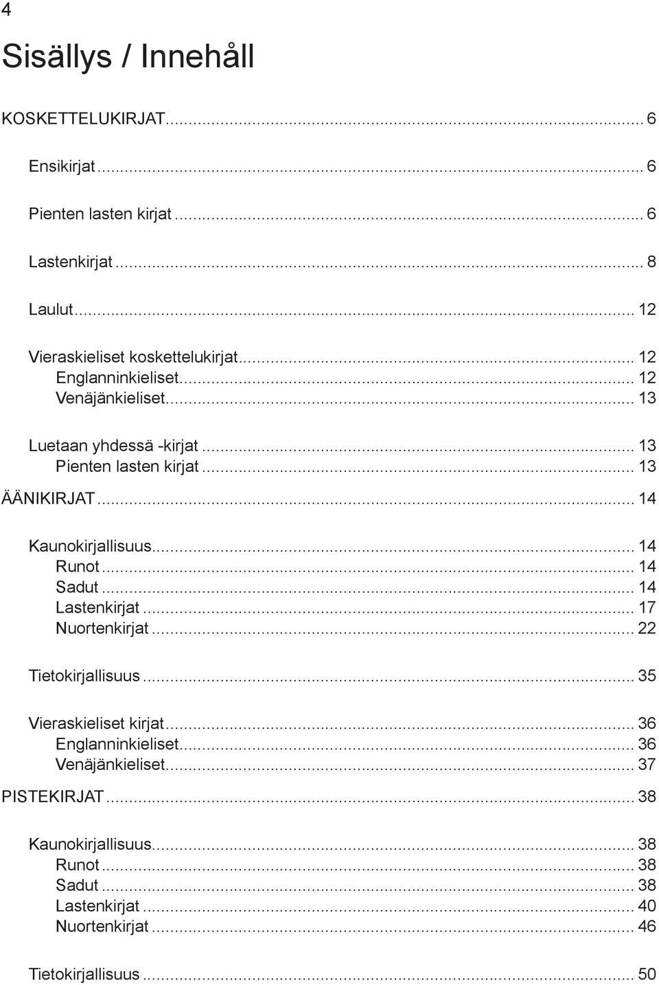 .. 14 Runot... 14 Sadut... 14 Lastenkirjat... 17 Nuortenkirjat... 22 Tietokirjallisuus... 35 Vieraskieliset kirjat... 36 Englanninkieliset.