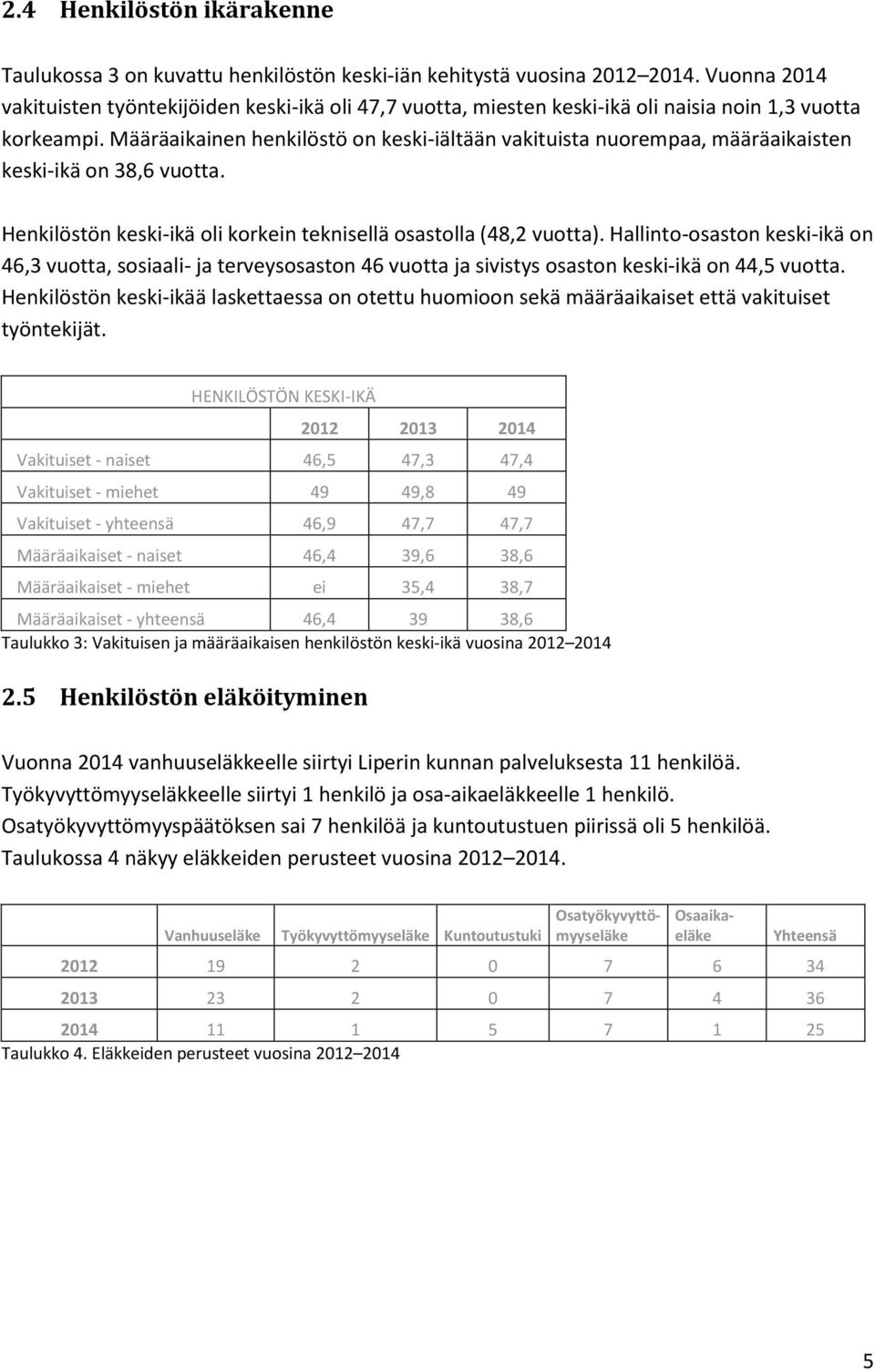 Määräaikainen henkilöstö on keski-iältään vakituista nuorempaa, määräaikaisten keski-ikä on 38,6 vuotta. Henkilöstön keski-ikä oli korkein teknisellä osastolla (48,2 vuotta).