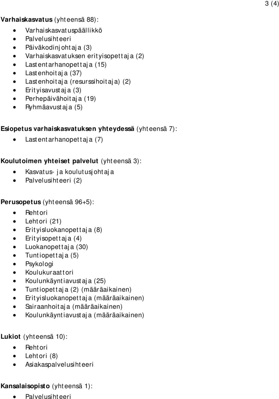 (yhteensä 3): Kasvatus- ja koulutusjohtaja Palvelusihteeri (2) Perusopetus (yhteensä 96+5): Rehtori Lehtori (21) Erityisluokanopettaja (8) Erityisopettaja (4) Luokanopettaja (30) Tuntiopettaja (5)