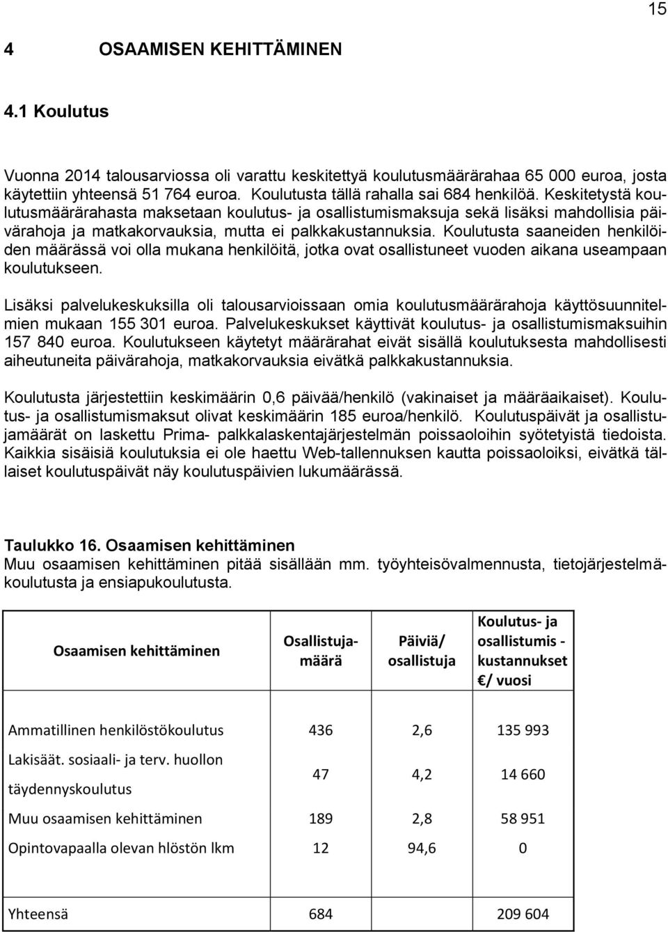 Keskitetystä koulutusmäärärahasta maksetaan koulutus- ja osallistumismaksuja sekä lisäksi mahdollisia päivärahoja ja matkakorvauksia, mutta ei palkkakustannuksia.