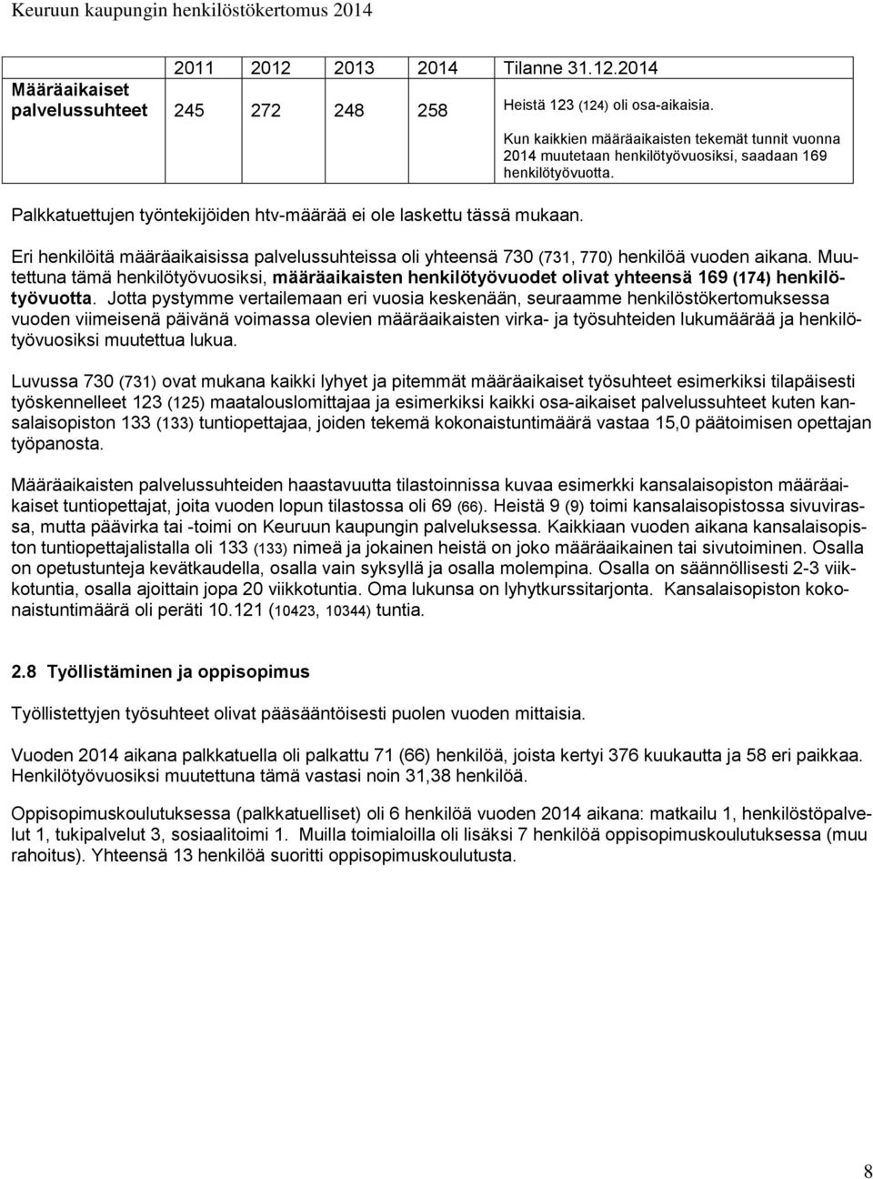 Eri henkilöitä määräaikaisissa palvelussuhteissa oli yhteensä 730 (731, 770) henkilöä vuoden aikana.