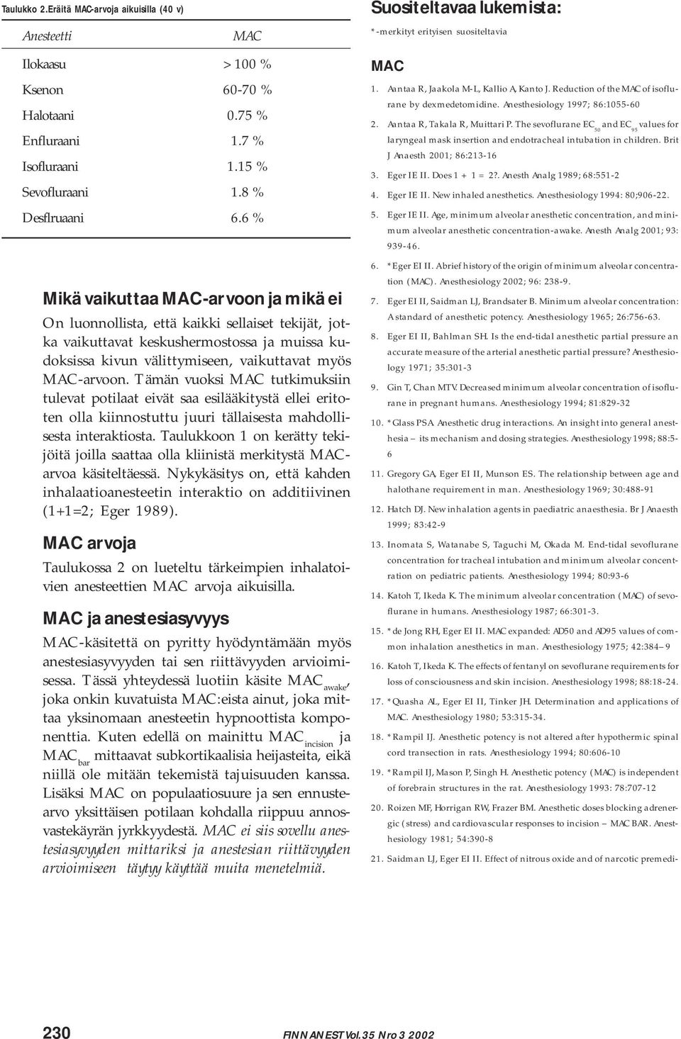 6 % Mikä vaikuttaa MAC-arvoon ja mikä ei On luonnollista, että kaikki sellaiset tekijät, jotka vaikuttavat keskushermostossa ja muissa kudoksissa kivun välittymiseen, vaikuttavat myös MAC-arvoon.