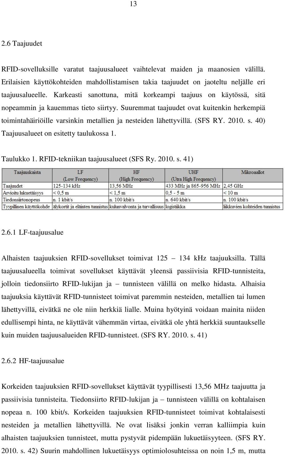 Suuremmat taajuudet ovat kuitenkin herkempiä toimintahäiriöille varsinkin metallien ja nesteiden lähettyvillä. (SFS RY. 2010. s. 40) Taajuusalueet on esitetty taulukossa 1. Taulukko 1.