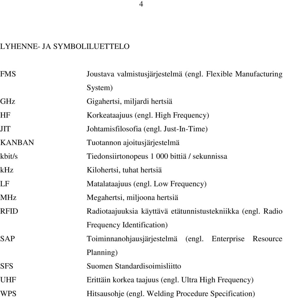 Just-In-Time) KANBAN Tuotannon ajoitusjärjestelmä kbit/s Tiedonsiirtonopeus 1 000 bittiä / sekunnissa khz Kilohertsi, tuhat hertsiä LF Matalataajuus (engl.