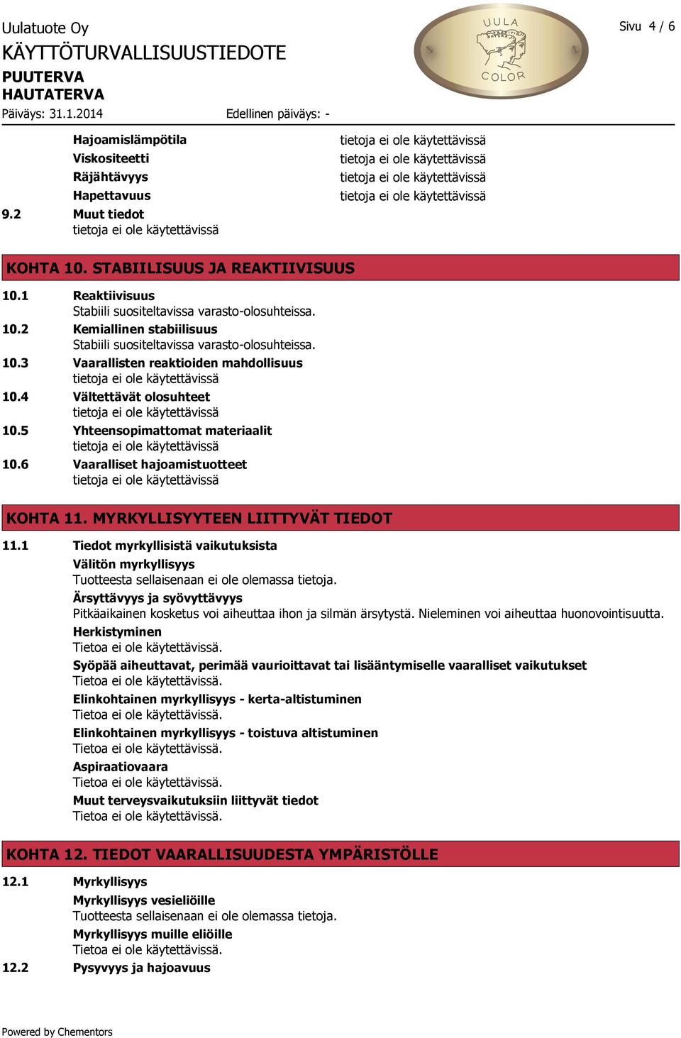 4 Vältettävät olosuhteet 10.5 Yhteensopimattomat materiaalit 10.6 Vaaralliset hajoamistuotteet KOHTA 11. MYRKYLLISYYTEEN LIITTYVÄT TIEDOT 11.