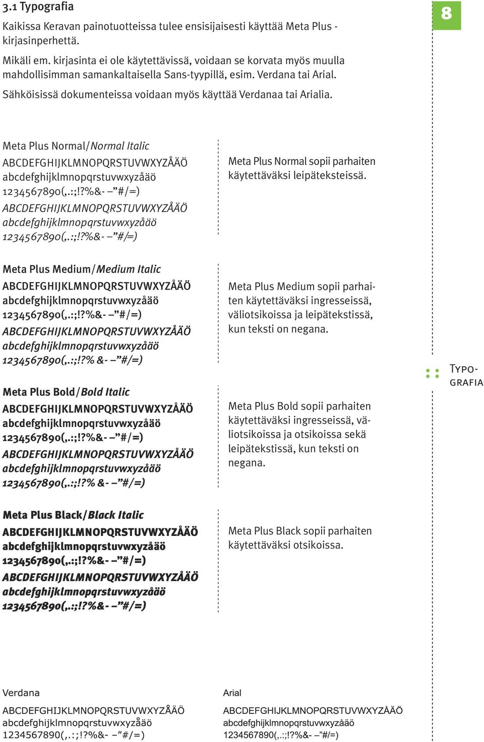 Sähköisissä dokumenteissa voidaan myös käyttää Verdanaa tai Arialia. 8 Meta Plus Normal/Normal Italic abcdefghijklmnopqrstuvwyzåäö Meta Plus Normal sopii parhaiten käytettäväksi leipäteksteissä.