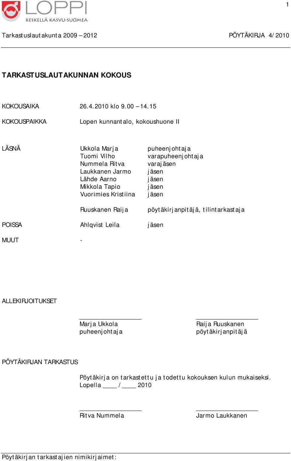 Laukkanen Jarmo jäsen Lähde Aarno jäsen Mikkola Tapio jäsen Vuorimies Kristiina jäsen Ruuskanen Raija pöytäkirjanpitäjä, tilintarkastaja POISSA