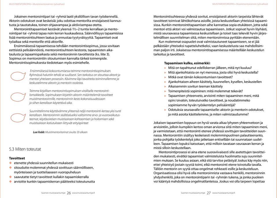 Mentorointitapaamiset kestävät yleensä 1½ 2 tuntia kerrallaan ja mentorointipari tai -ryhmä tapaa noin kerran kuukaudessa.