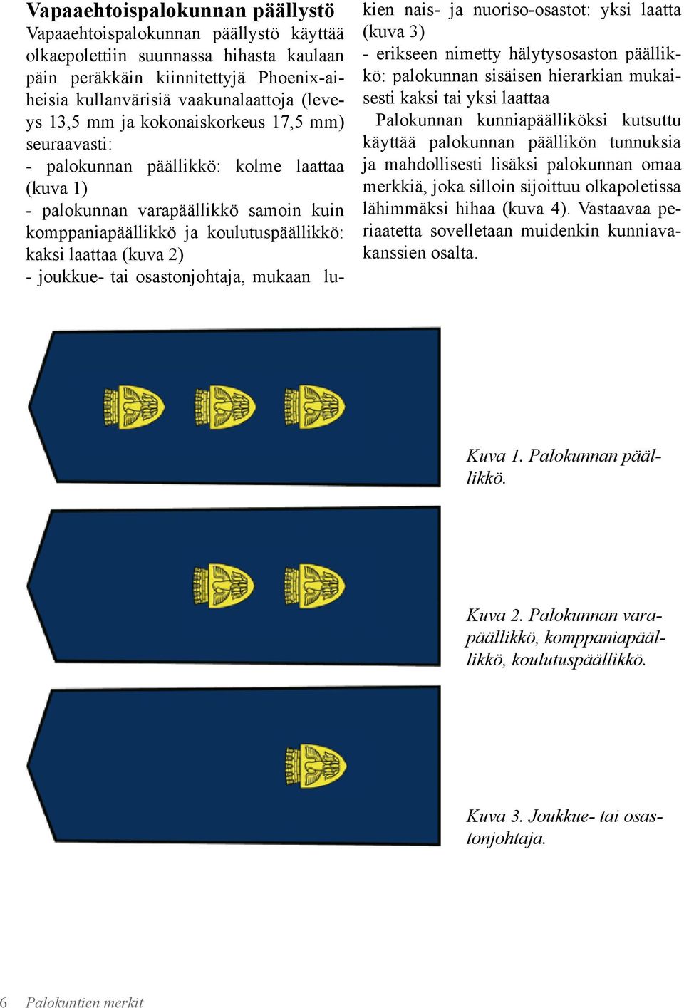 - joukkue- tai osastonjohtaja, mukaan lukien nais- ja nuoriso-osastot: yksi laatta (kuva 3) - erikseen nimetty hälytysosaston päällikkö: palokunnan sisäisen hierarkian mukaisesti kaksi tai yksi