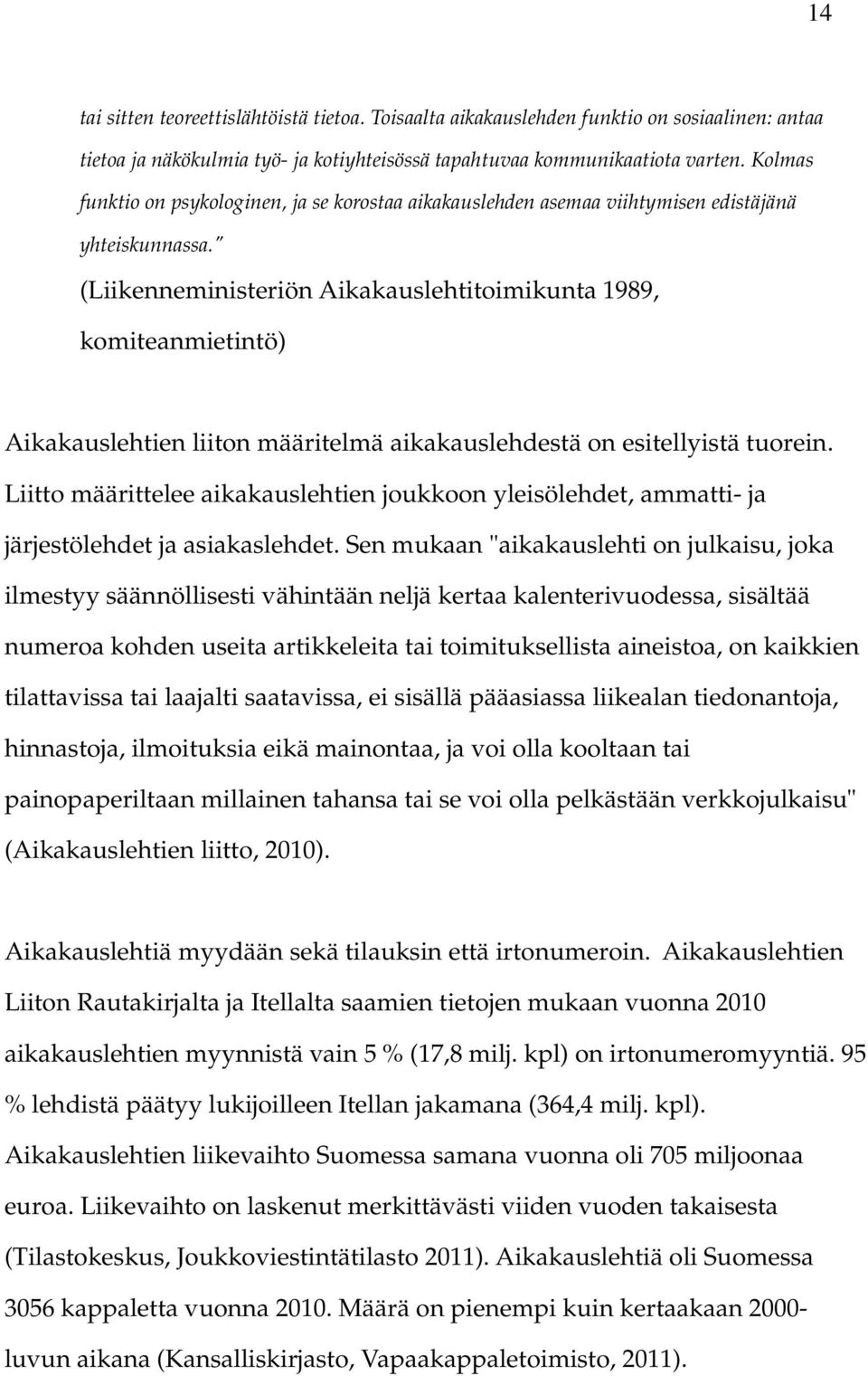 " (Liikenneministeriön Aikakauslehtitoimikunta 1989, komiteanmietintö) Aikakauslehtien liiton määritelmä aikakauslehdestä on esitellyistä tuorein.