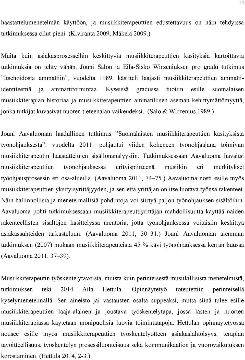 Jouni Salon ja Eila-Sisko Wirzeniuksen pro gradu tutkimus Itsehoidosta ammattiin, vuodelta 1989, käsitteli laajasti musiikkiterapeuttien ammattiidentiteettiä ja ammattitoimintaa.