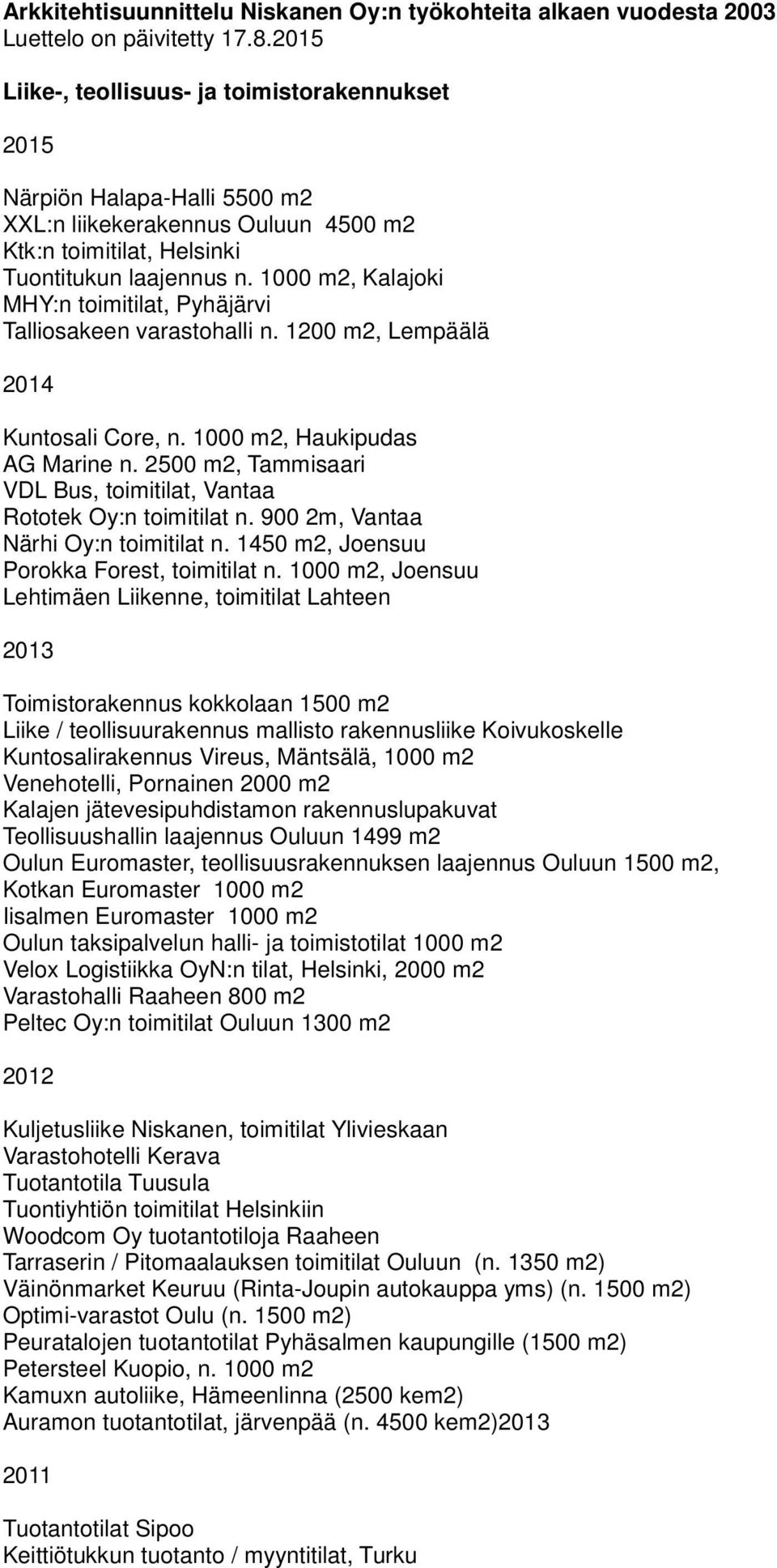 1000 m2, Kalajoki MHY:n toimitilat, Pyhäjärvi Talliosakeen varastohalli n. 1200 m2, Lempäälä 2014 Kuntosali Core, n. 1000 m2, Haukipudas AG Marine n.