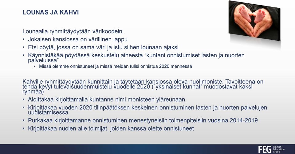 olemme onnistuneet ja missä meidän tulisi onnistua 2020 mennessä Kahville ryhmittäydytään kunnittain ja täytetään kansiossa oleva nuolimoniste.