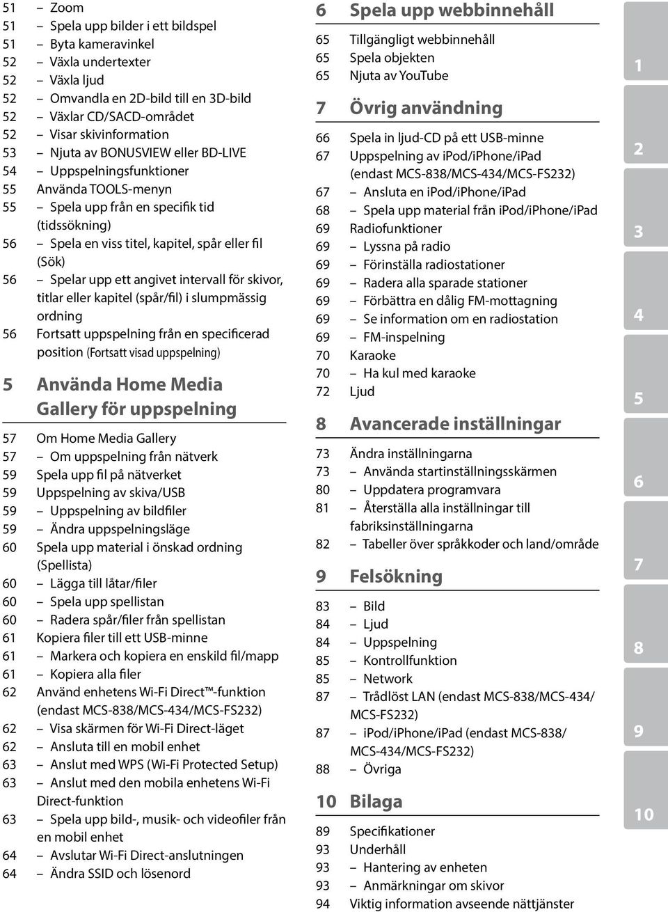 intervall för skivor, titlar eller kapitel (spår/fil) i slumpmässig ordning 56 Fortsatt uppspelning från en specificerad position (Fortsatt visad uppspelning) 5 nvända Home Media Gallery för