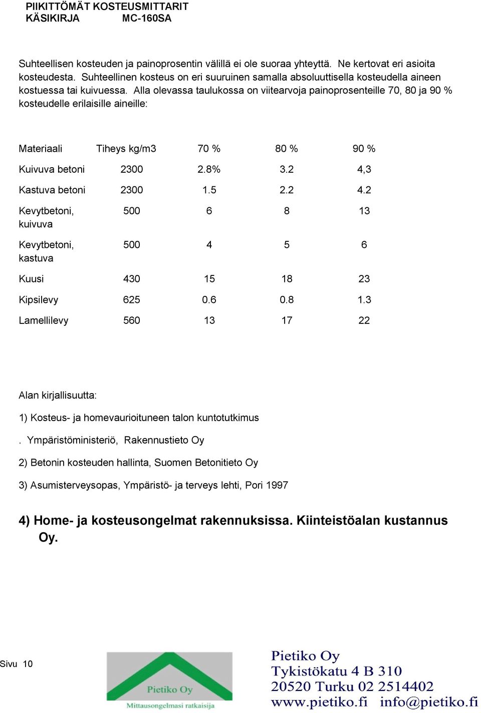 Alla olevassa taulukossa on viitearvoja painoprosenteille 70, 80 ja 90 % kosteudelle erilaisille aineille: Materiaali Tiheys kg/m3 70 % 80 % 90 % Kuivuva betoni 2300 2.8% 3.