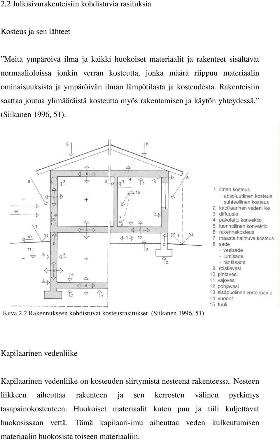 (Siikanen 1996, 51). Kuva 2.2 Rakennukseen kohdistuvat kosteusrasitukset. (Siikanen 1996, 51). Kapilaarinen vedenliike Kapilaarinen vedenliike on kosteuden siirtymistä nesteenä rakenteessa.