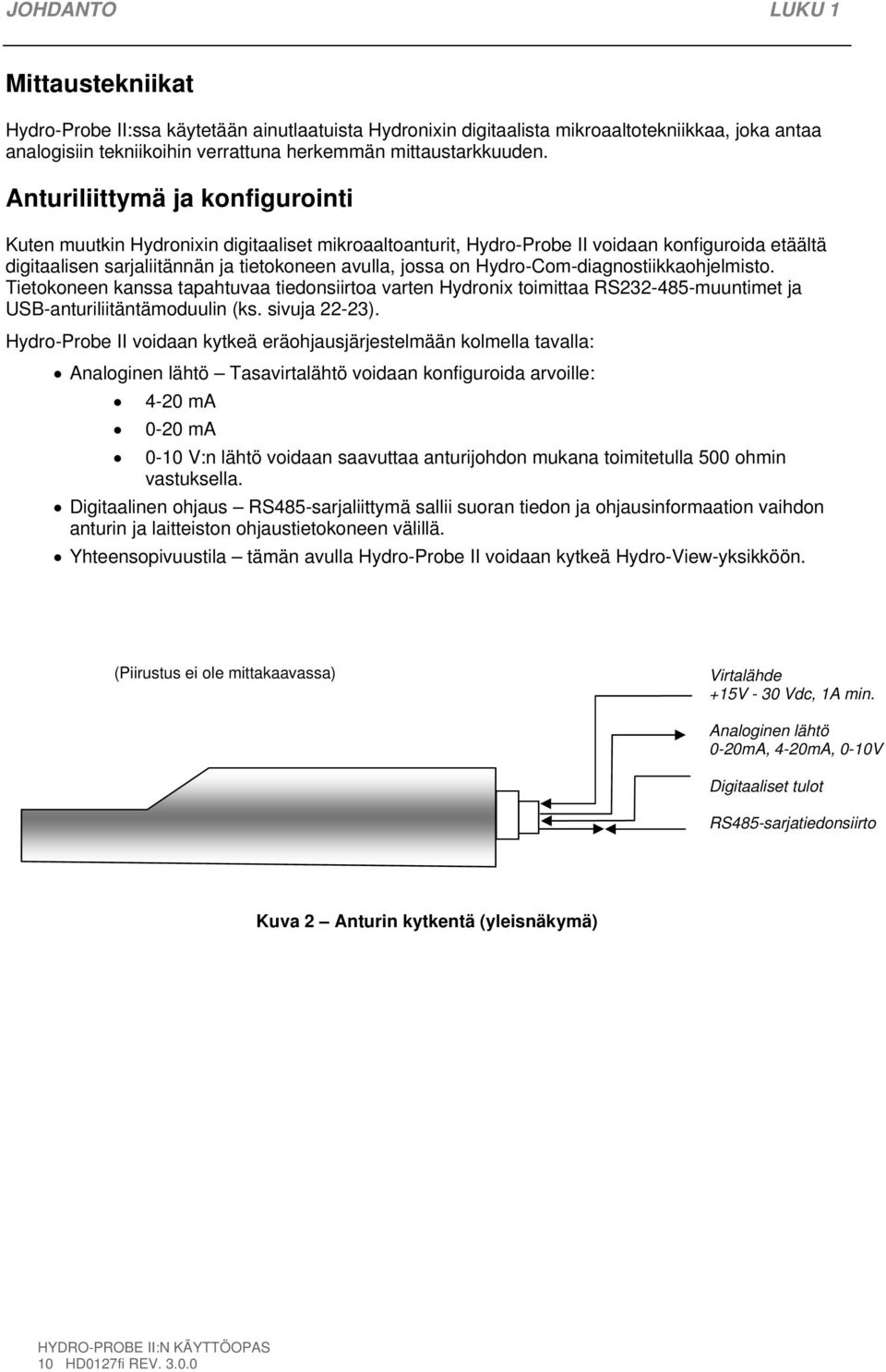 Hydro-Com-diagnostiikkaohjelmisto. Tietokoneen kanssa tapahtuvaa tiedonsiirtoa varten Hydronix toimittaa RS232-485-muuntimet ja USB-anturiliitäntämoduulin (ks. sivuja 22-23).