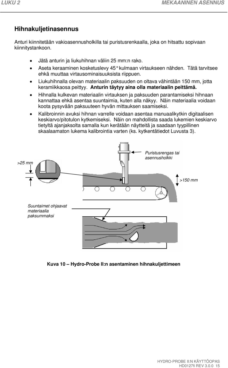 Liukuhihnalla olevan materiaalin paksuuden on oltava vähintään 150 mm, jotta keramiikkaosa peittyy. Anturin täytyy aina olla materiaalin peittämä.