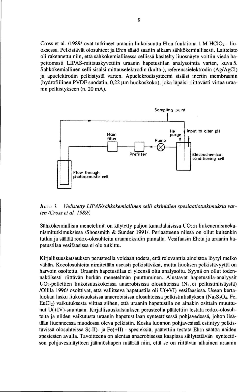 Sähkökemiallinen selli sisälsi mittauselektrodin (kulta-), referenssielektrodin (Ag/ AgCl) ja apuelektrodin pelkistystä varten.