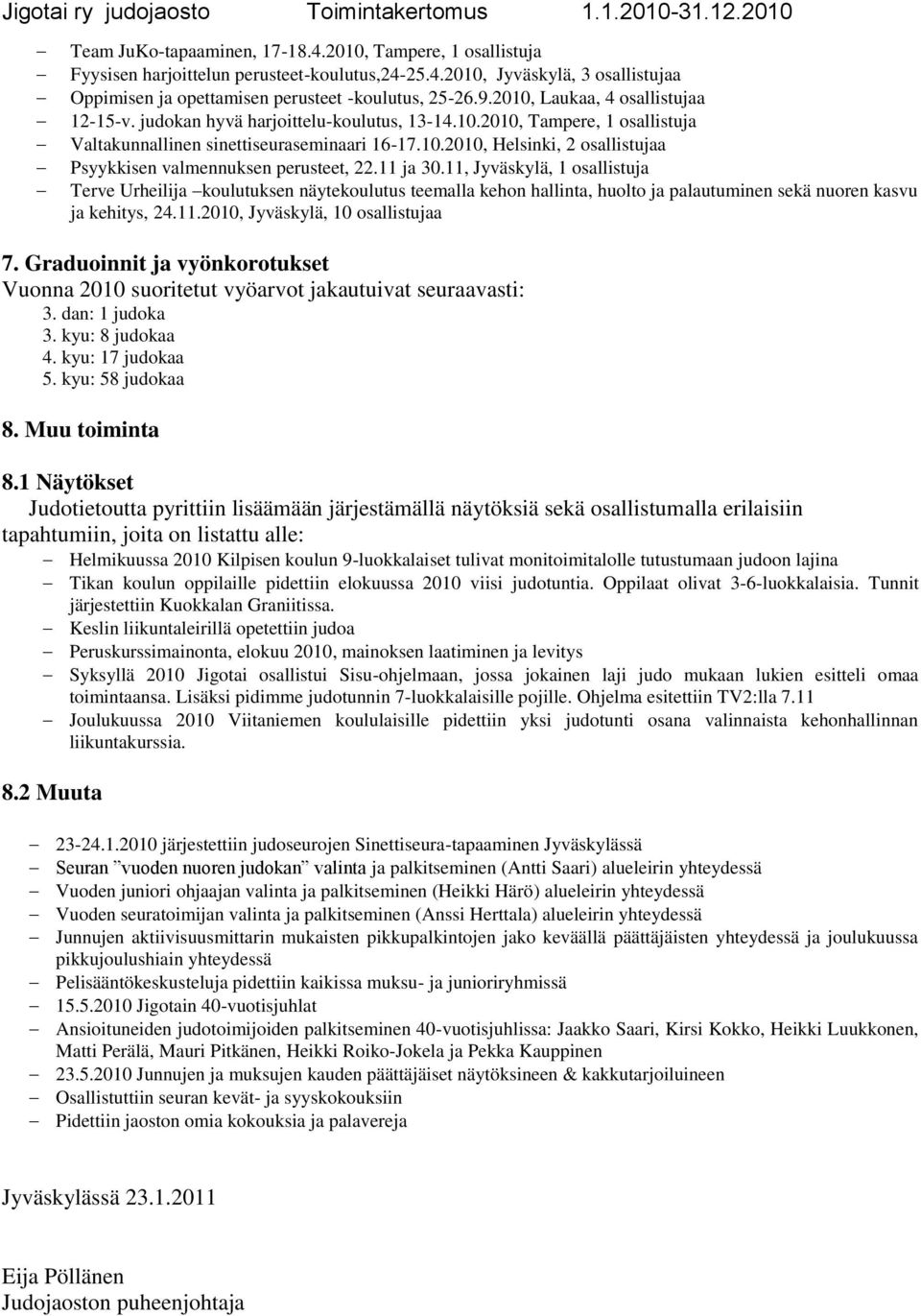 11 ja 30.11, Jyväskylä, 1 osallistuja Terve Urheilija koulutuksen näytekoulutus teemalla kehon hallinta, huolto ja palautuminen sekä nuoren kasvu ja kehitys, 24.11.2010, Jyväskylä, 10 osallistujaa 7.