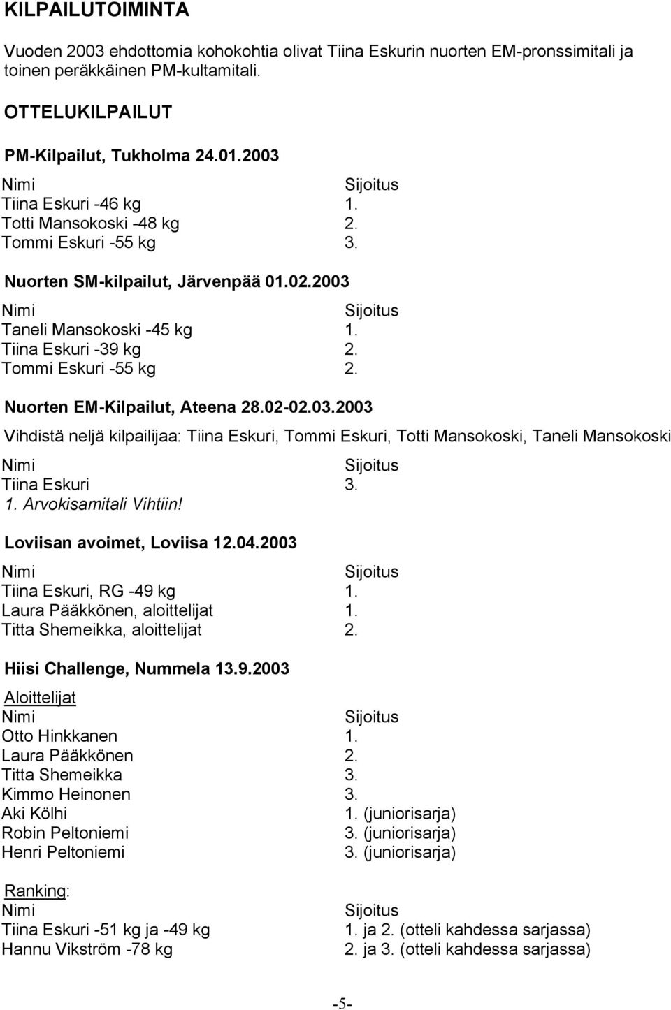 Nuorten EM-Kilpailut, Ateena 28.02-02.03.2003 Vihdistä neljä kilpailijaa: Tiina Eskuri, Tommi Eskuri, Totti Mansokoski, Taneli Mansokoski Tiina Eskuri 3. 1. Arvokisamitali Vihtiin!