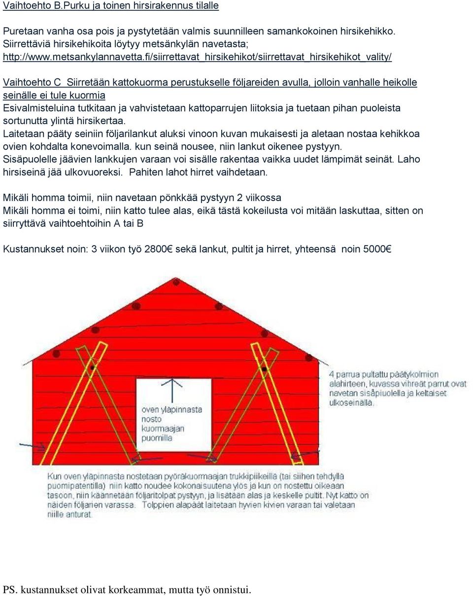 fi/siirrettavat_hirsikehikot/siirrettavat_hirsikehikot_vality/ Vaihtoehto C Siirretään kattokuorma perustukselle följareiden avulla, jolloin vanhalle heikolle seinälle ei tule kuormia