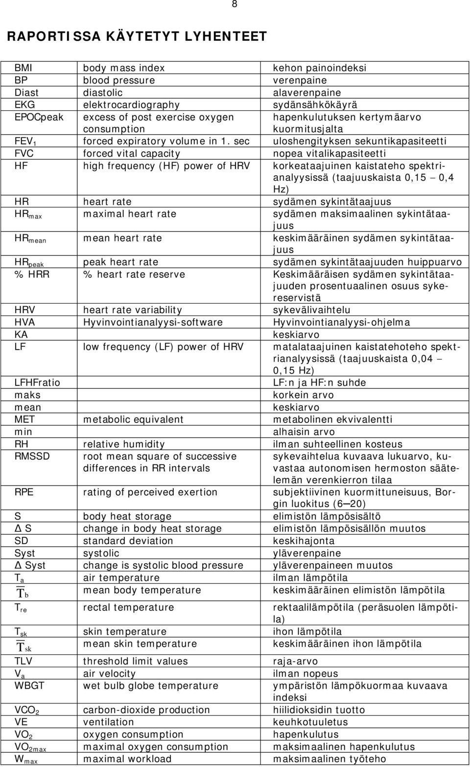 sec uloshengityksen sekuntikapasiteetti FVC forced vital capacity nopea vitalikapasiteetti HF high frequency (HF) power of HRV korkeataajuinen kaistateho spektrianalyysissä (taajuuskaista 0,15 0,4