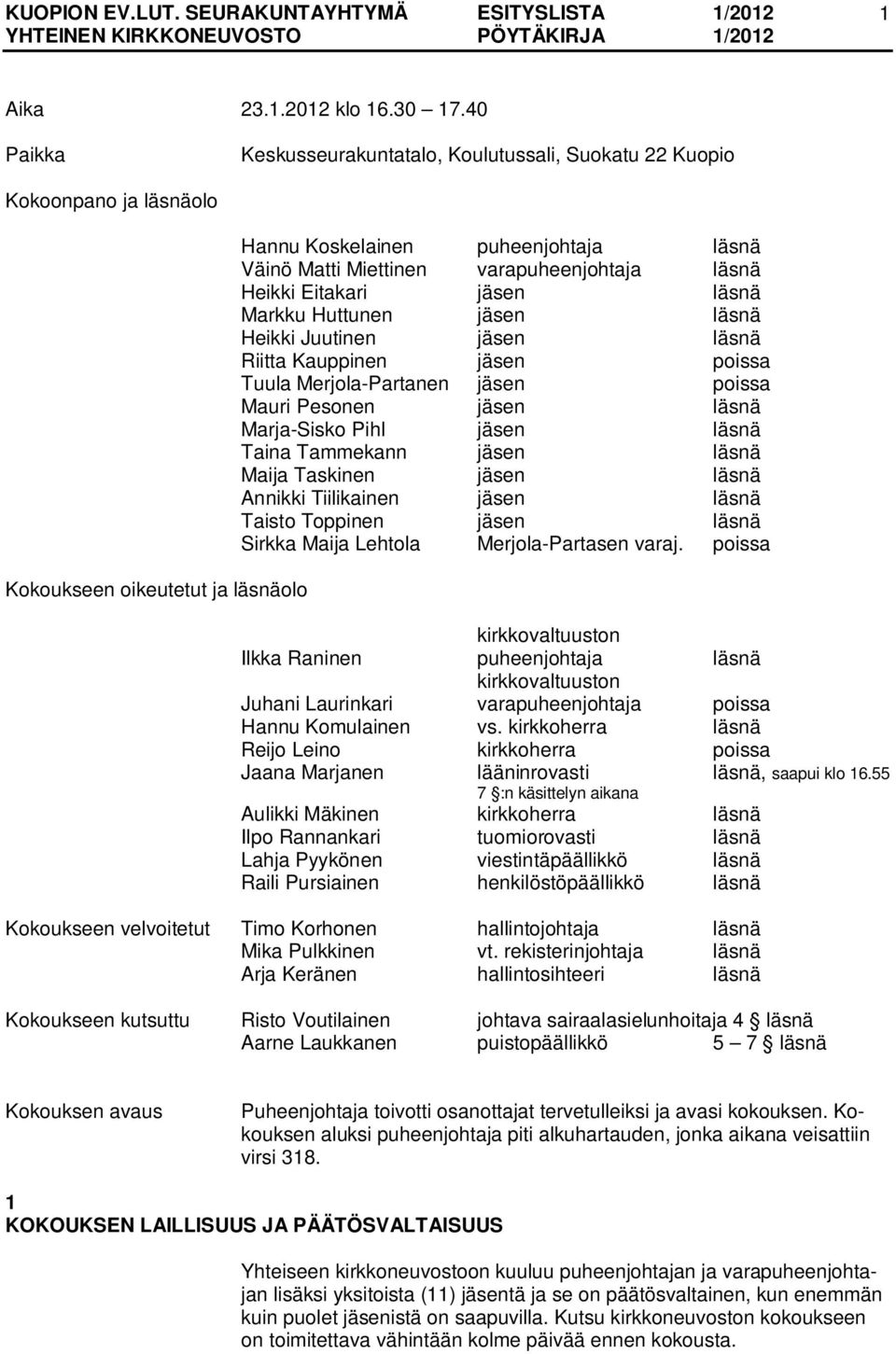 läsnä Heikki Eitakari jäsen läsnä Markku Huttunen jäsen läsnä Heikki Juutinen jäsen läsnä Riitta Kauppinen jäsen poissa Tuula Merjola-Partanen jäsen poissa Mauri Pesonen jäsen läsnä Marja-Sisko Pihl