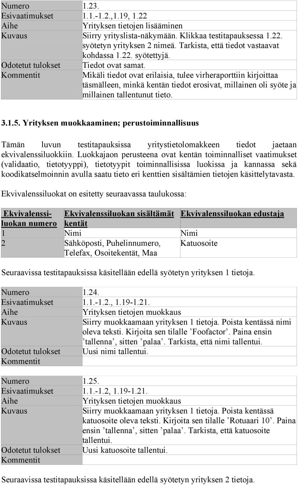 Mikäli tiedot ovat erilaisia, tulee virheraporttiin kirjoittaa täsmälleen, minkä kentän tiedot erosivat, millainen oli syöte ja millainen tallentunut tieto. 3.1.5.