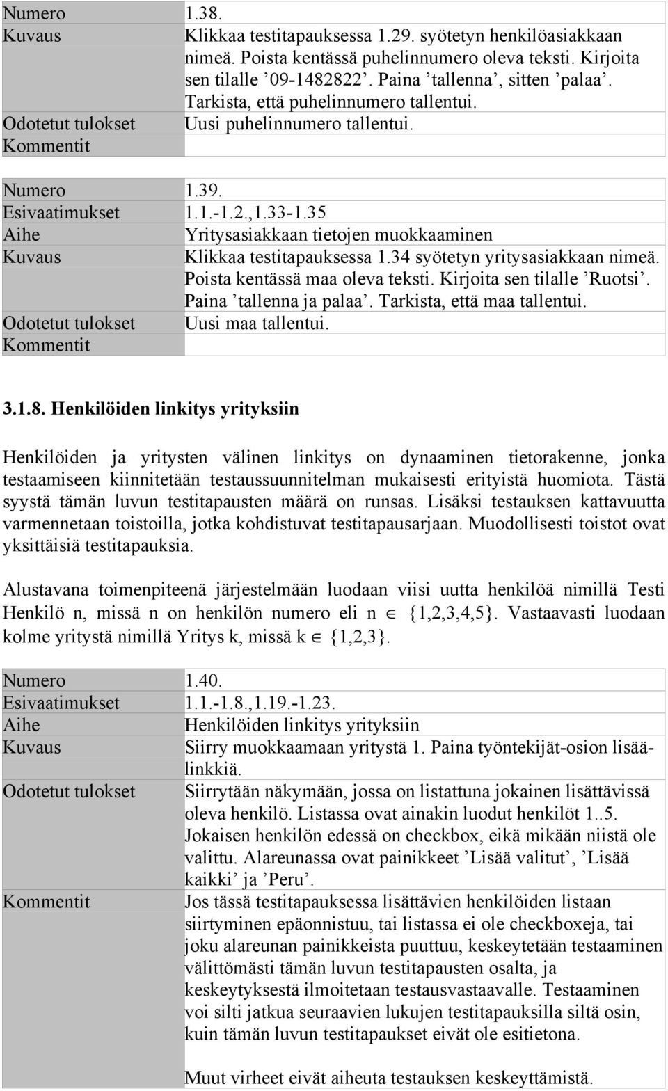 35 Yritysasiakkaan tietojen muokkaaminen Klikkaa testitapauksessa 1.34 syötetyn yritysasiakkaan nimeä. Poista kentässä maa oleva teksti. Kirjoita sen tilalle Ruotsi. Paina tallenna ja palaa.